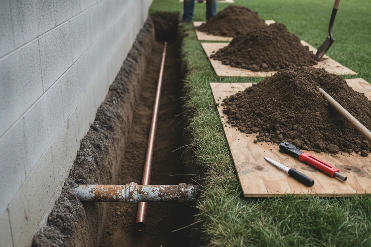 Excavated water line trench during Sewer Line Repair in Point